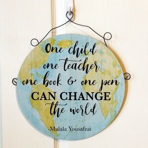 Wall Art Round Plaque Featuring the Quote by Malala Yousafzai World Map Design